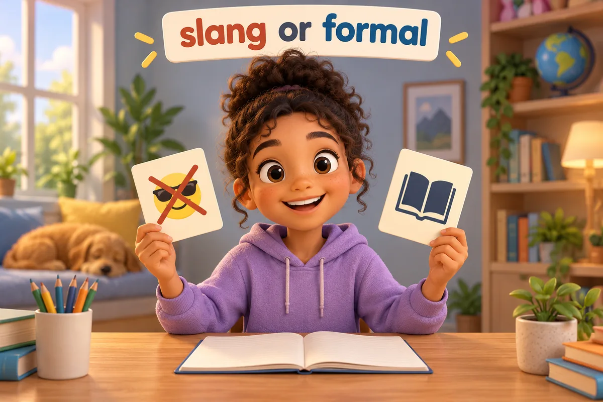A cartoon child swaps a slang card for a formal card to show how register changes the word.