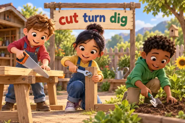 Cartoon children use 100 tools names in english across a workshop and garden, cutting, turning and digging.