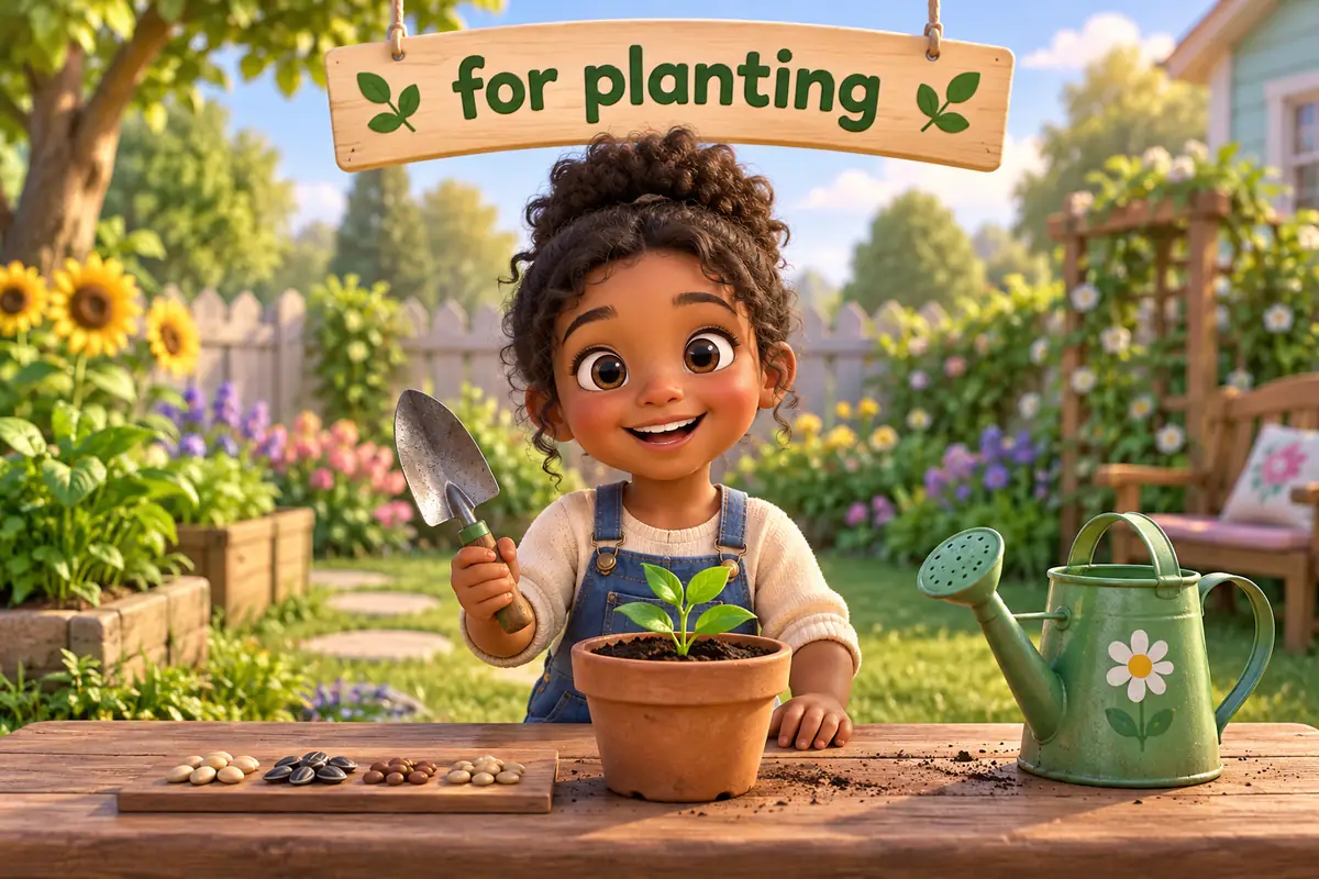 A cartoon child holds a trowel beside a small plant to show that a trowel is for planting.