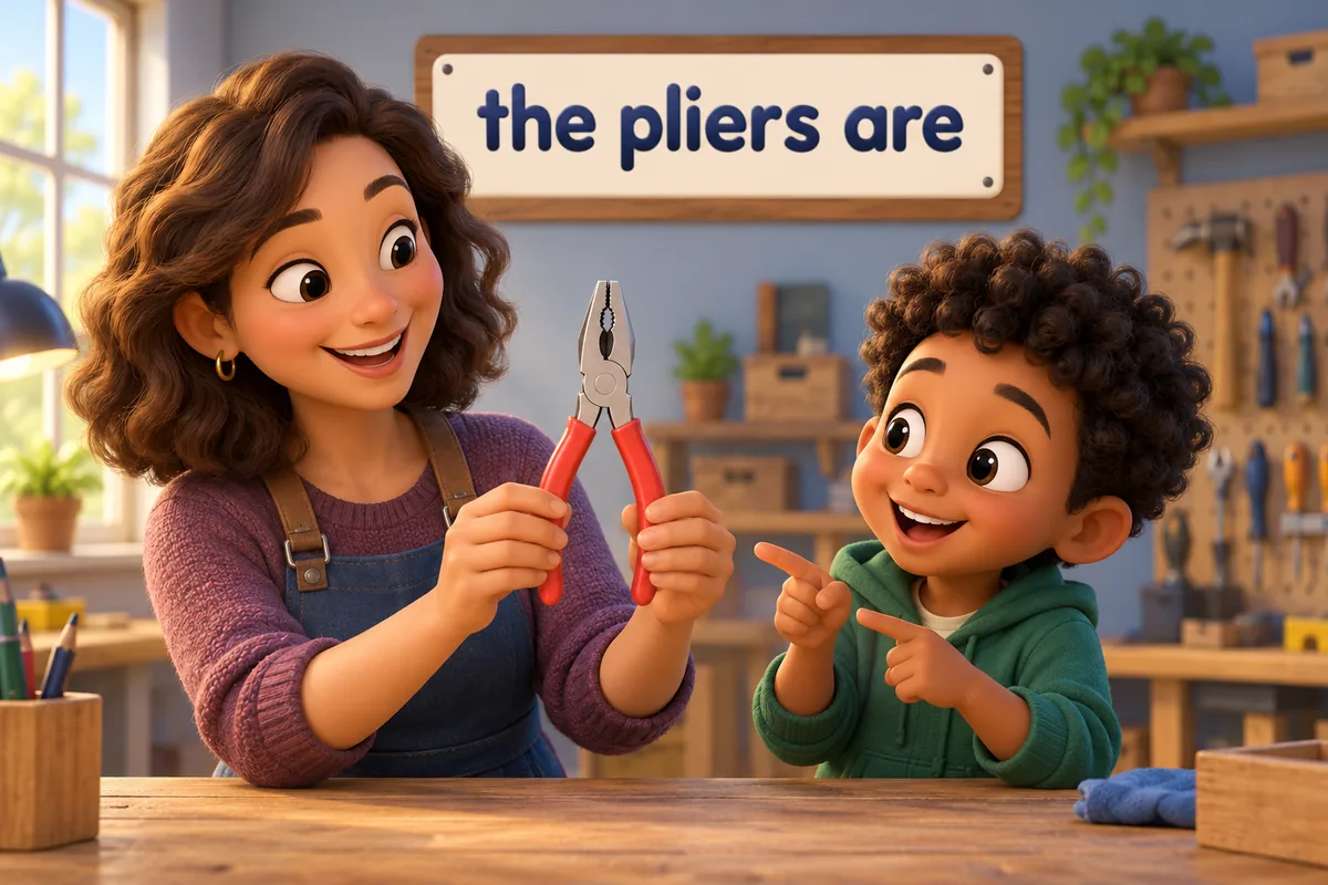 A cartoon teacher holds pliers in one hand and points to two joined halves to show the plural verb.