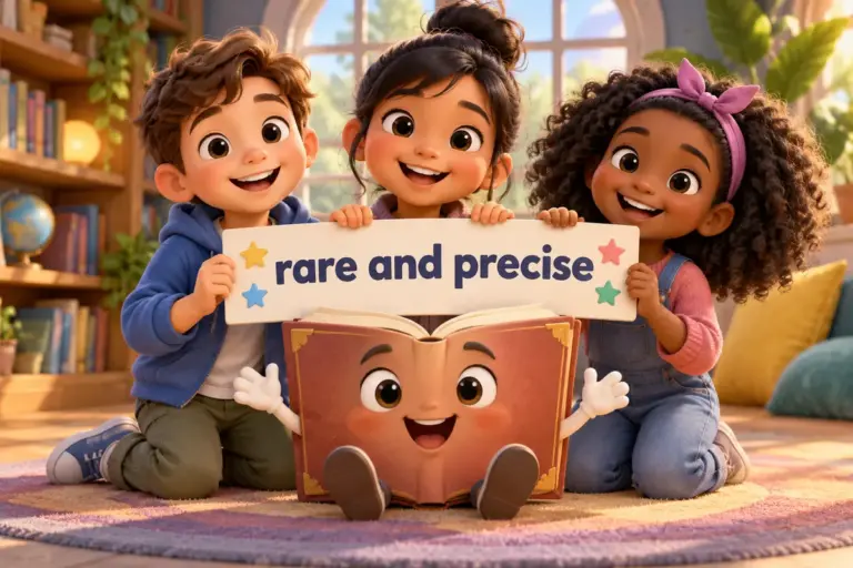 Cartoon children explore 100 unique english words and meanings on colourful cards.