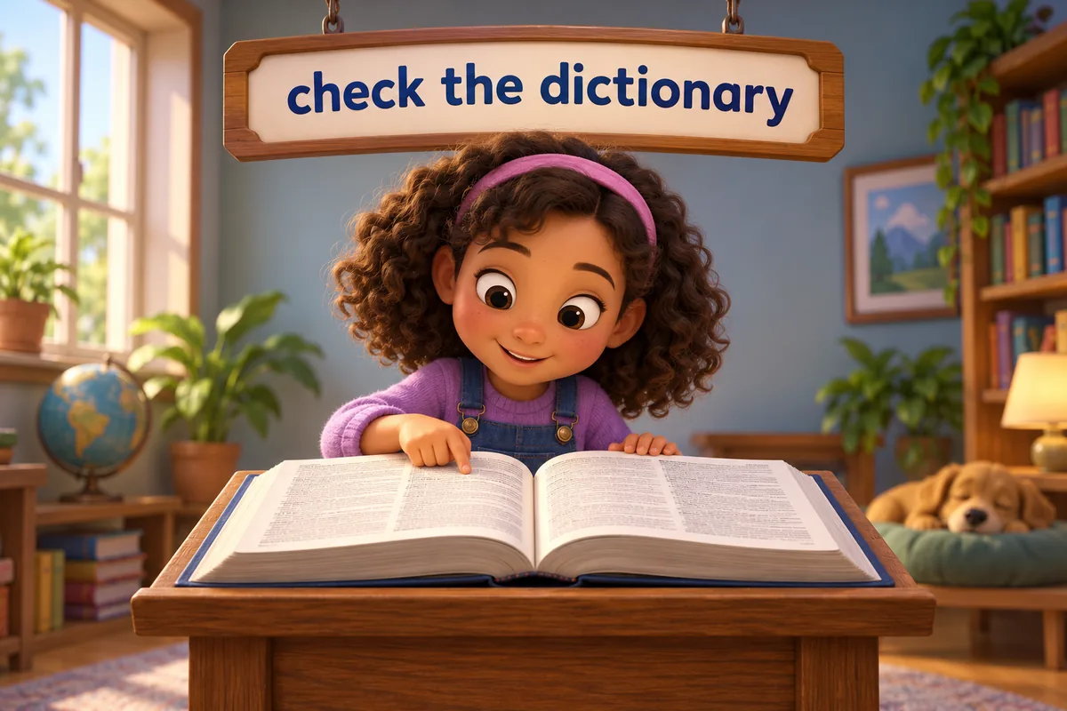 A cartoon child looks up a rare word in a big friendly dictionary on a stand.