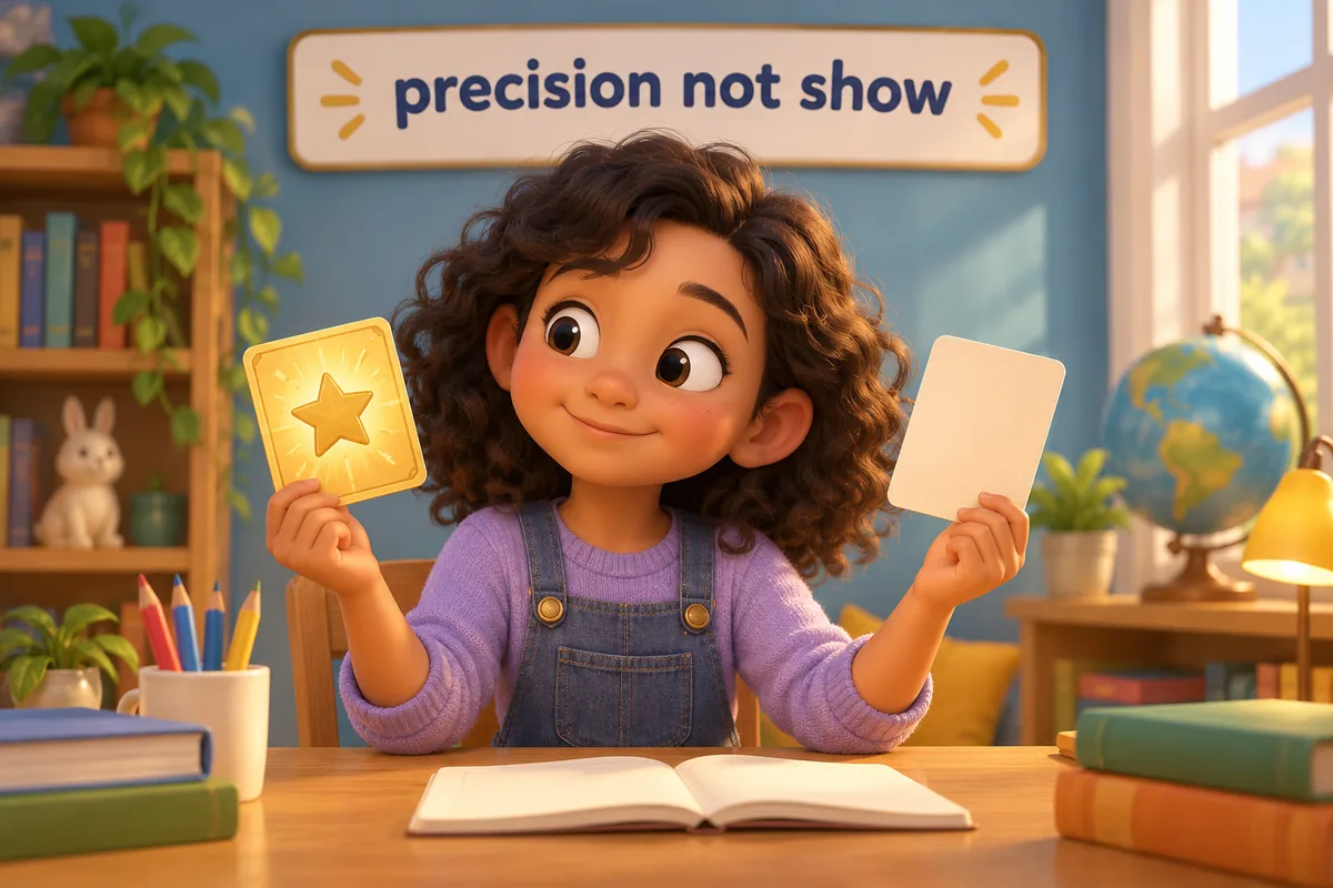 A cartoon child chooses a rare word card instead of a plain word card.