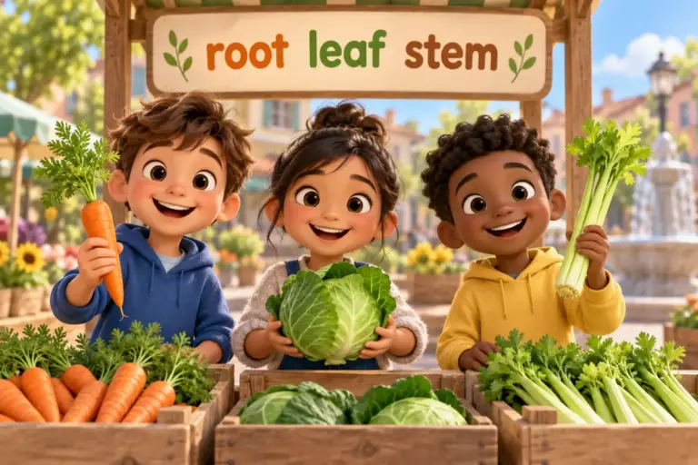 Cartoon children sort 100 vegetable names in english by part, showing a root, a leaf and a stem.