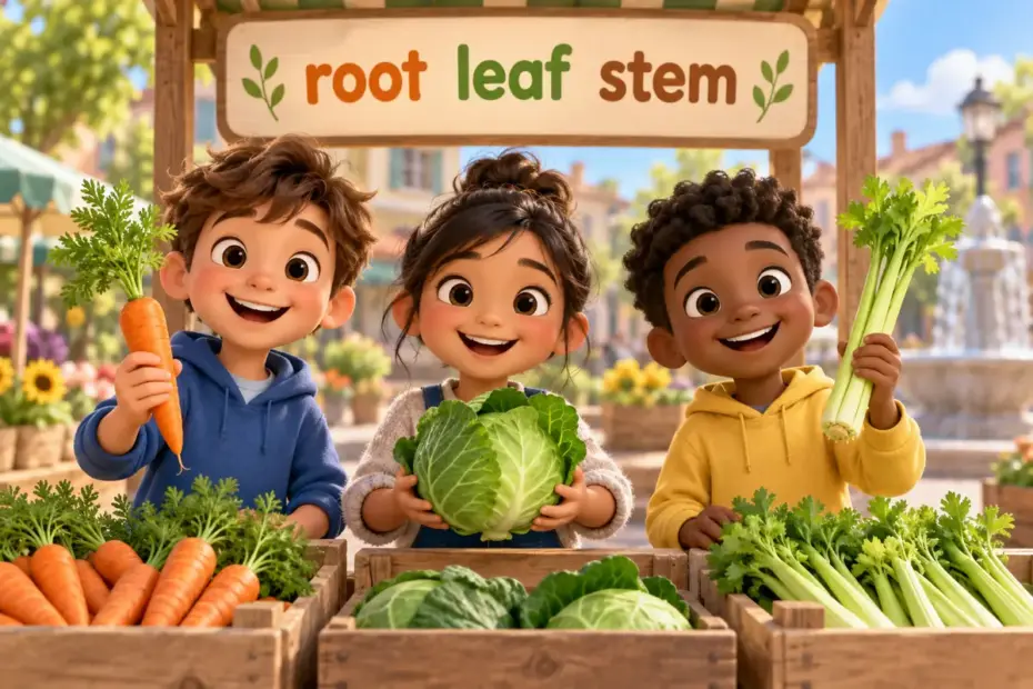 Cartoon children sort 100 vegetable names in english by part, showing a root, a leaf and a stem.