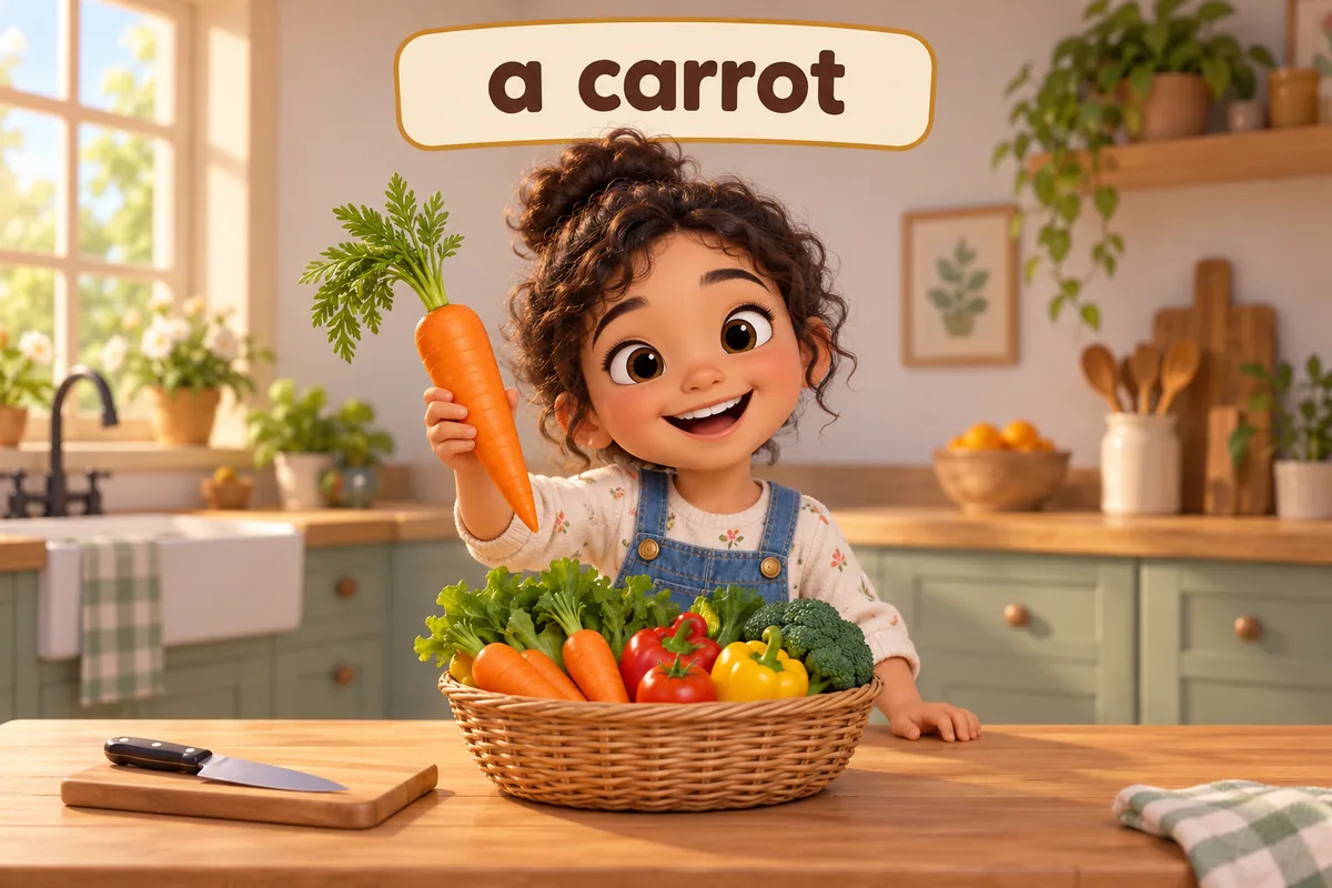 A cartoon child holds one carrot above a basket to show that a singular vegetable name needs an article.