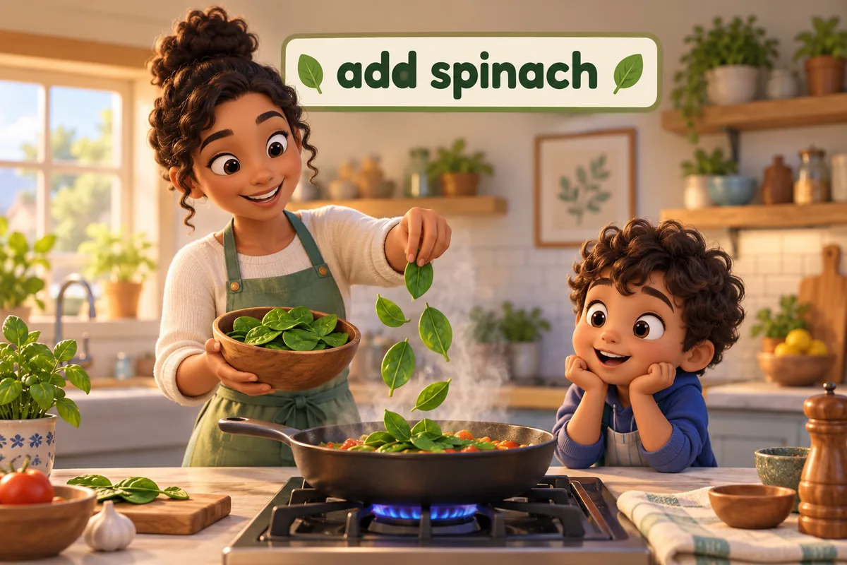 A cartoon cook drops handfuls of spinach into a pan to show the uncountable food use of the name.