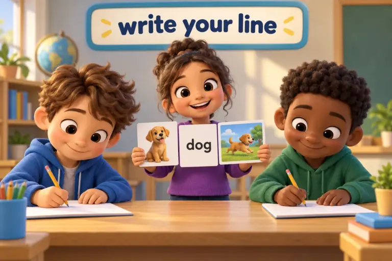 Cartoon children write model sentences on paper, showing 100 writing sentences for kids built in simple steps.