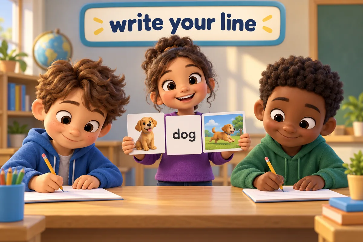 Cartoon children write model sentences on paper, showing 100 writing sentences for kids built in simple steps.