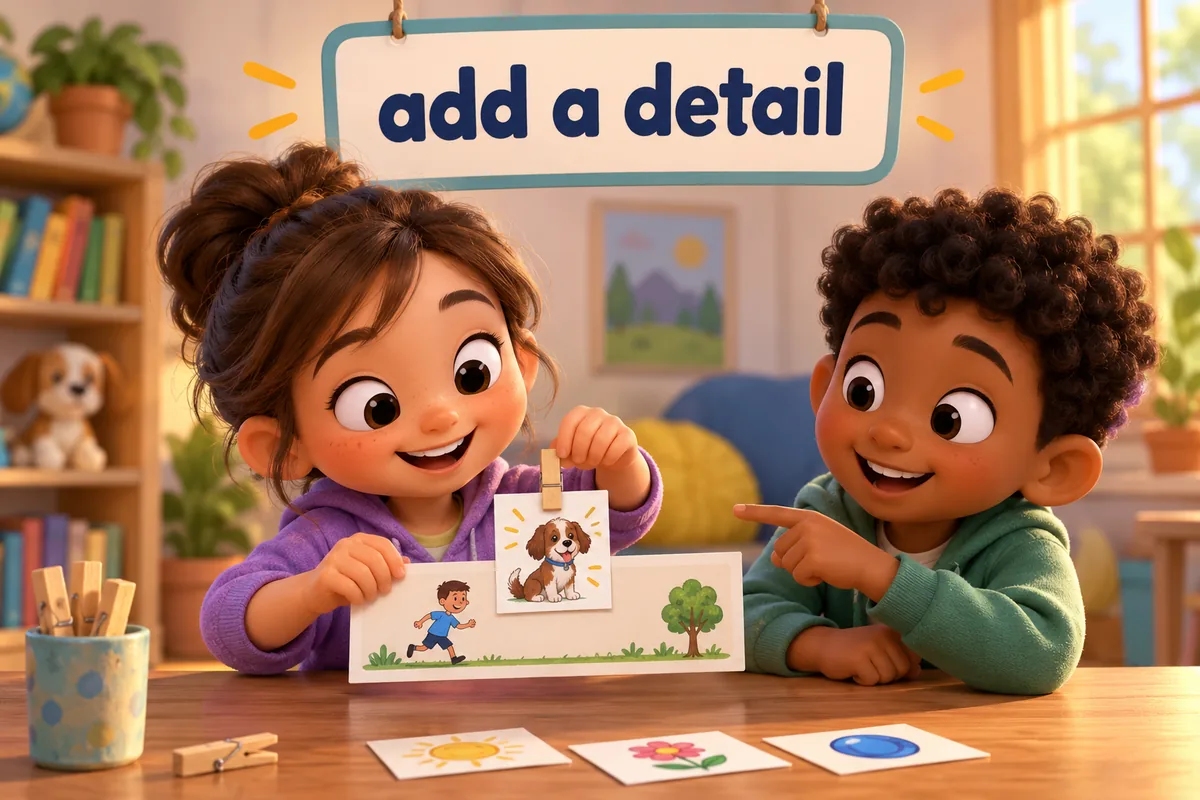 A cartoon child clips an extra word card onto a short sentence to add one detail.