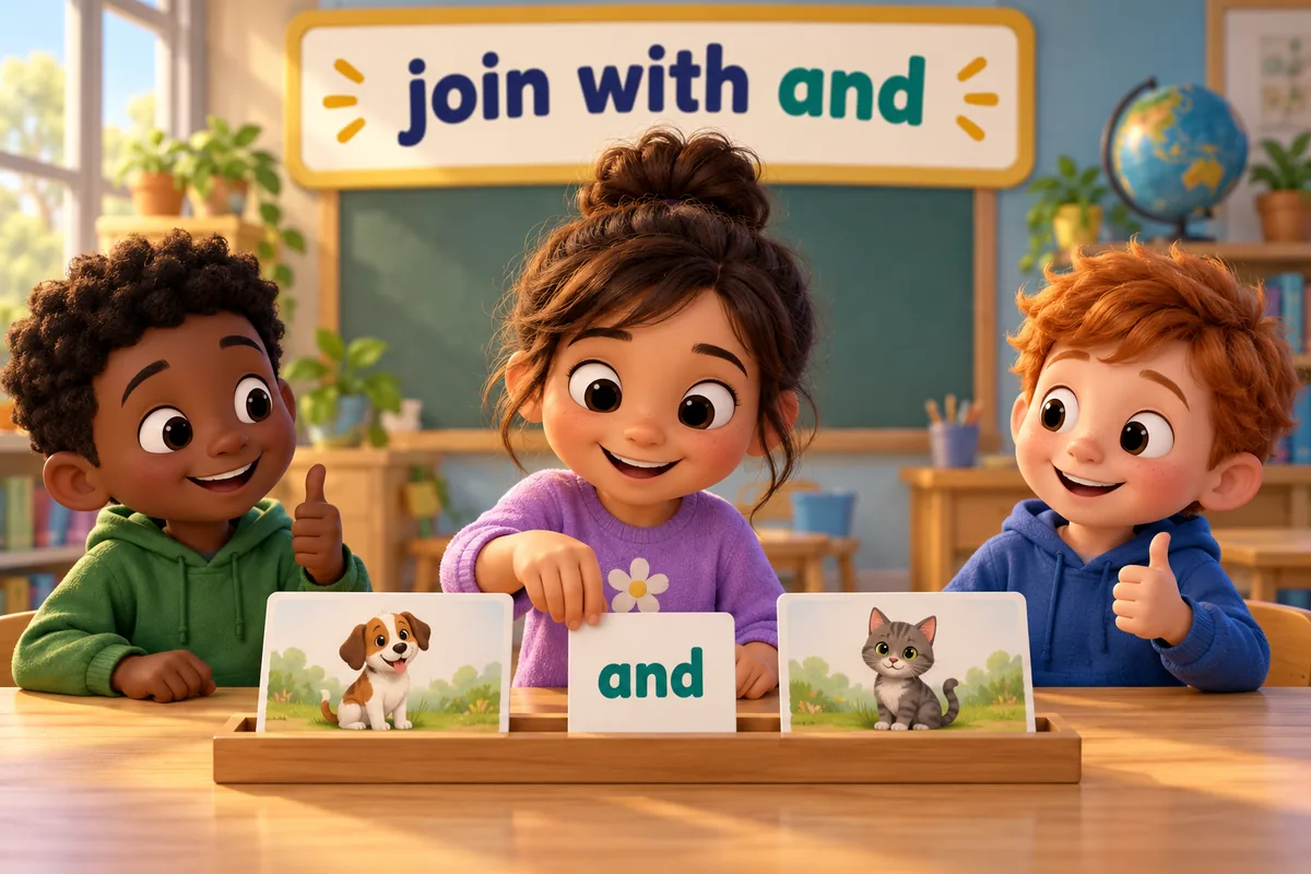 A cartoon child repairs a run-on sentence by clipping a joining word between two lines.