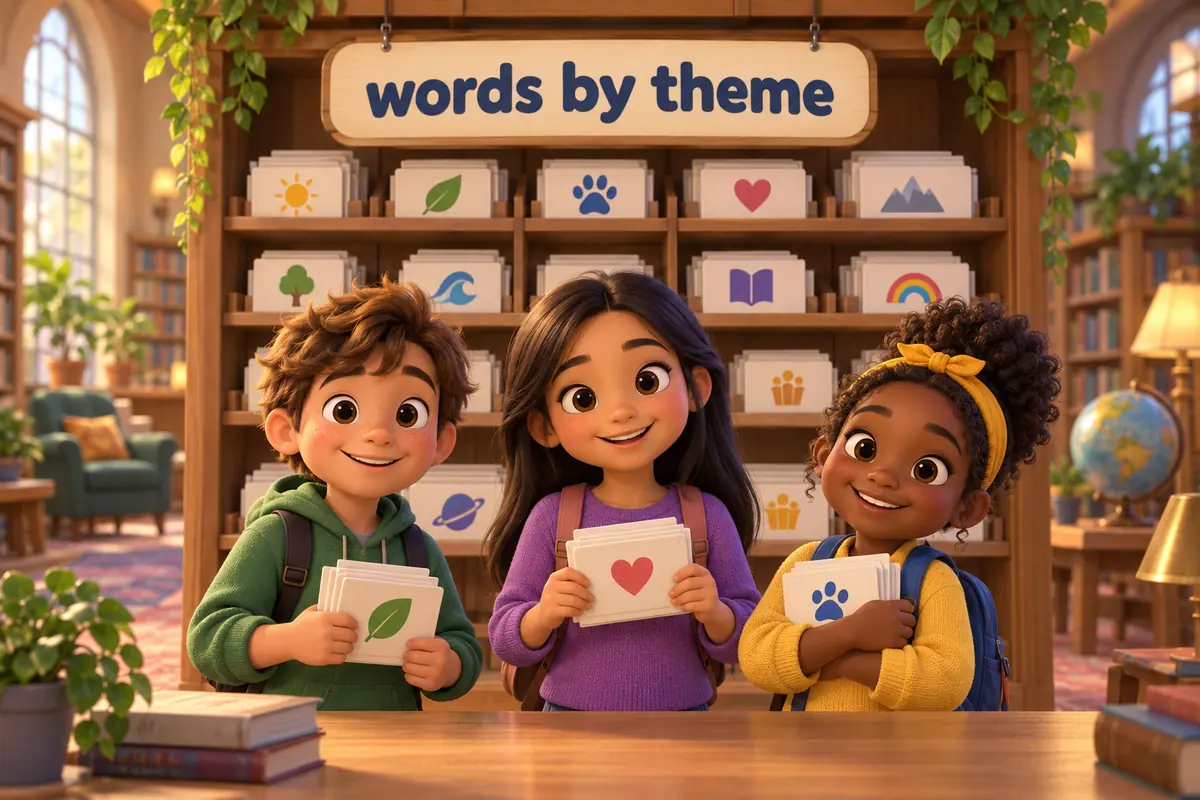 Cartoon students map 1000 advanced english words with meanings across themed shelves.