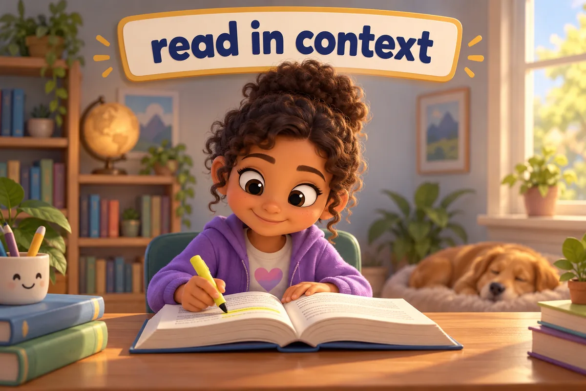 A cartoon student underlines an advanced word in a thick open book.