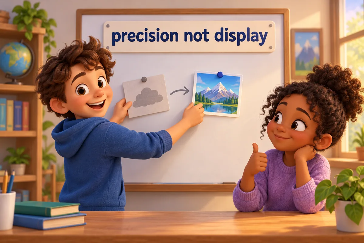 A cartoon student swaps a plain word for a stronger advanced one on a board.