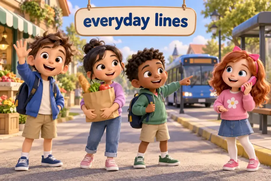 Cartoon children act out everyday scenes with speech bubbles, showing 1000 daily use English sentences with PDF practice.