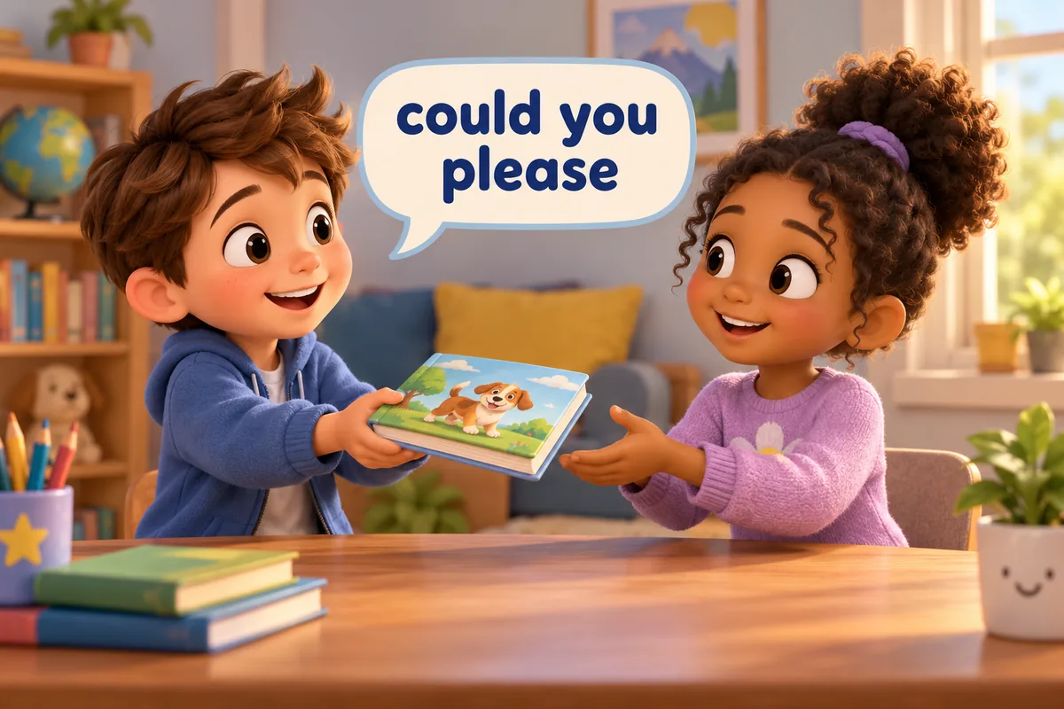 A cartoon child asks for help with a polite speech bubble while a friend smiles.