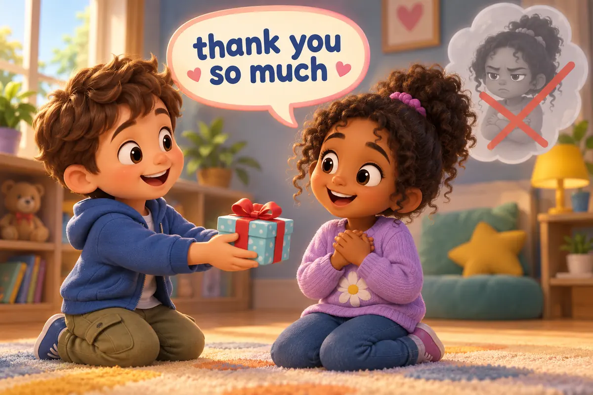 A cartoon child offers a small gift politely while a crossed-out blunt bubble floats behind.