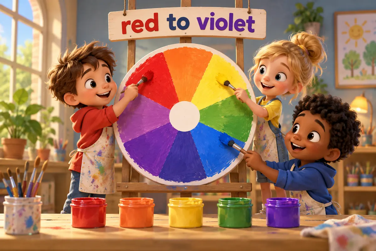 Cartoon children paint 12 colors name with images on a wheel, from red at the top to violet beside it.
