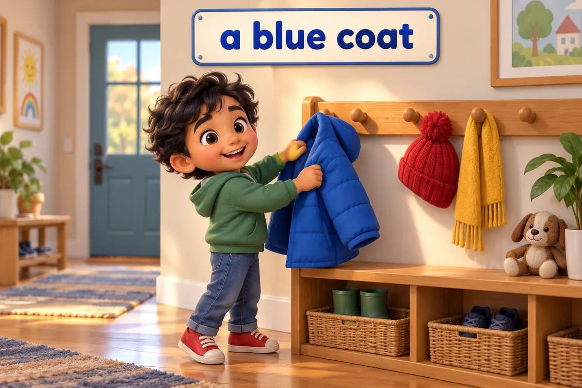 A cartoon child wears a blue coat on a coat rack to show the colour used as an adjective.