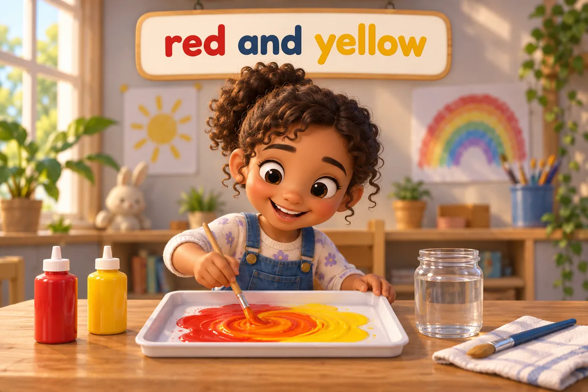 A cartoon child mixes red and yellow paint in a tray to show how orange is made.