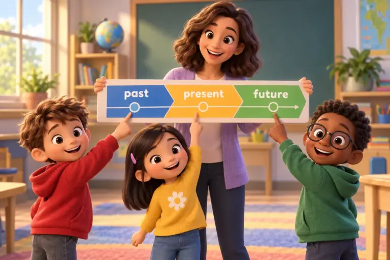 Cartoon children point along a timeline of past, present and future, showing the 12 tenses in English grammar.