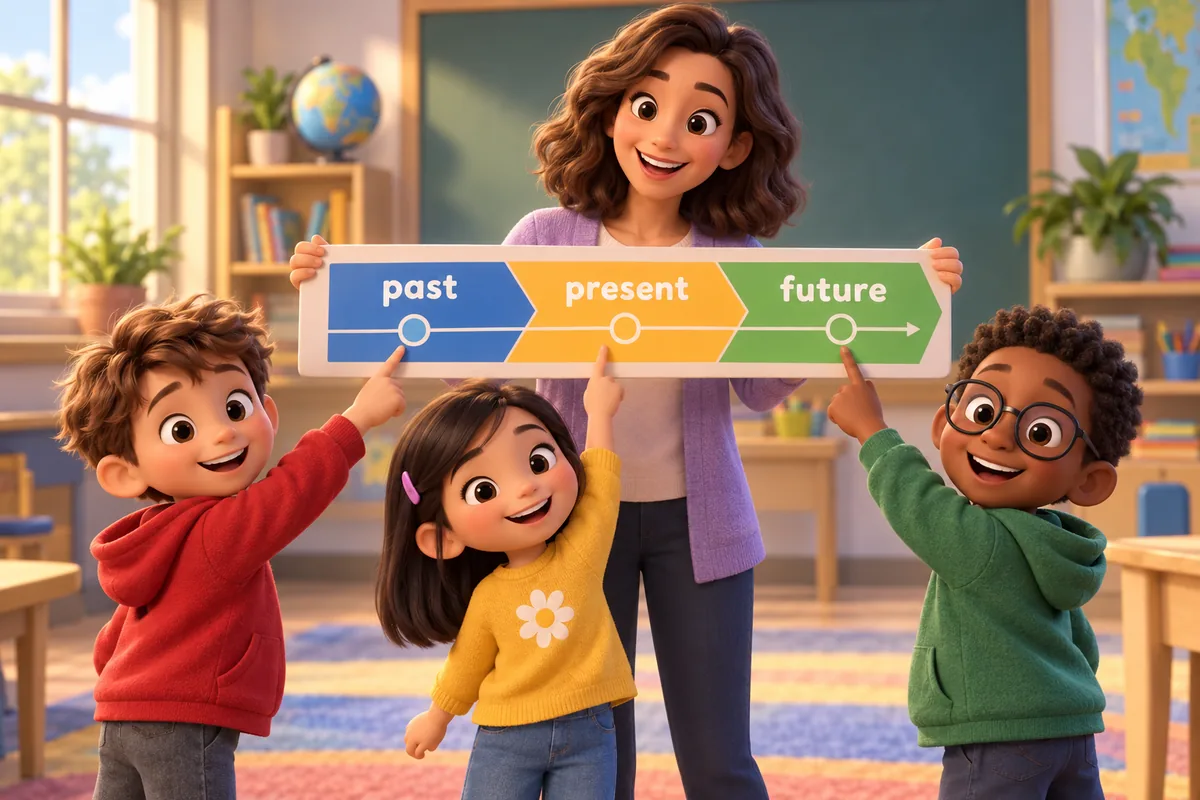 Cartoon children point along a timeline of past, present and future, showing the 12 tenses in English grammar.