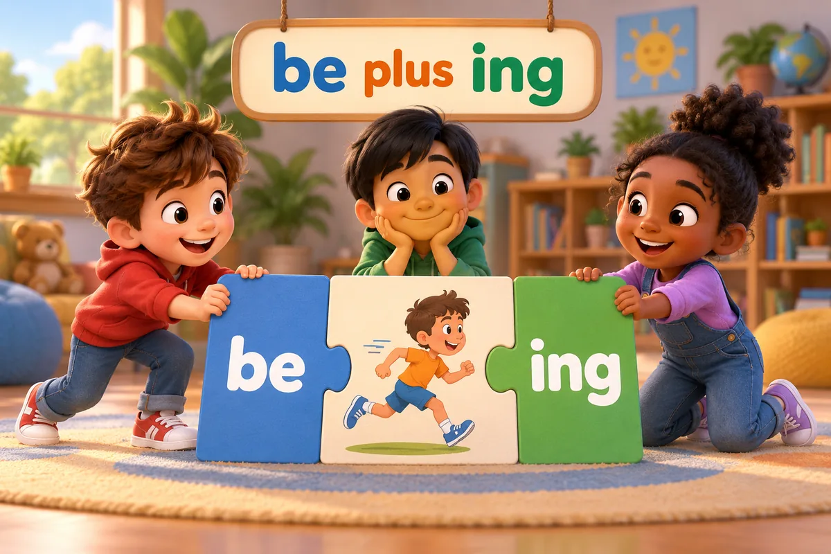 Cartoon children clip a be card and an ing card together to show an action in progress.