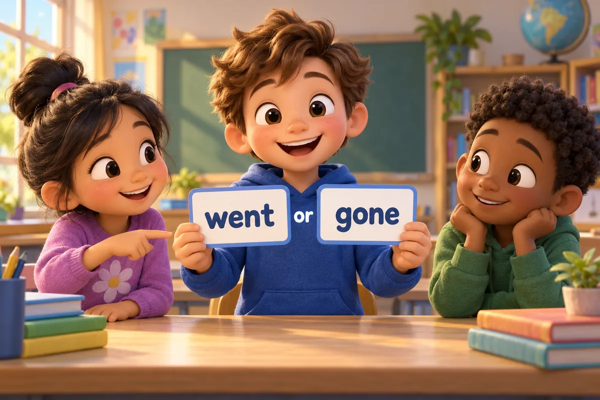 A cartoon child holds two cards labelled for past simple and past participle beside a helper have.