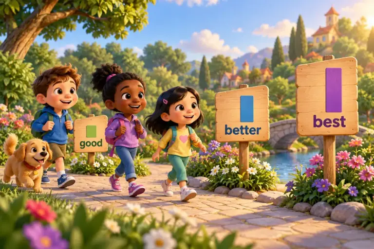 Cartoon children follow 20 examples of irregular adjectives along a path labelled good, better and best.