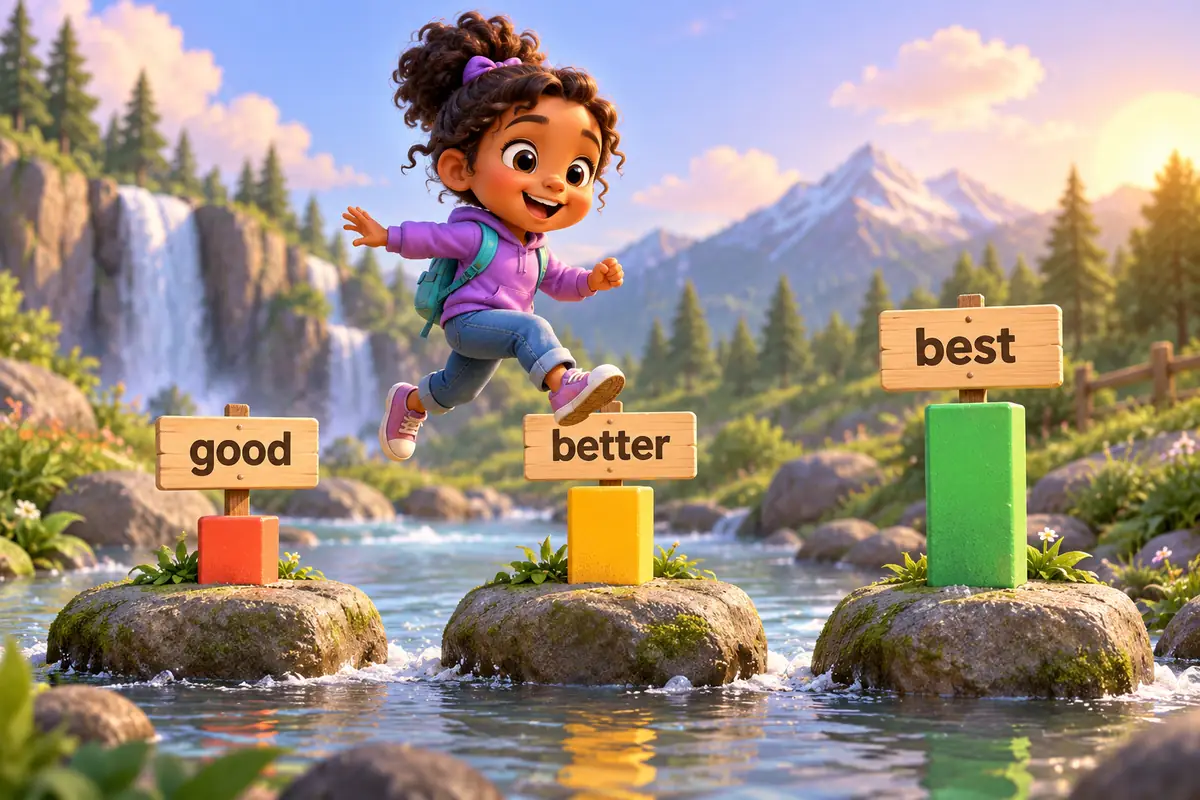 A cartoon child walks three stepping stones labelled good, better and best across a stream.