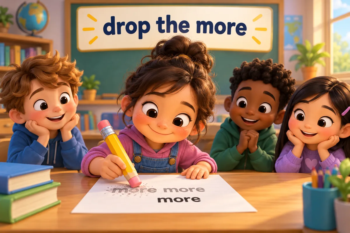 A cartoon pupil crosses out the phrase more better on a worksheet and leaves better alone.
