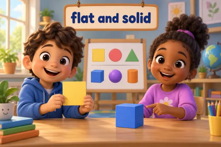 Cartoon children compare 2d and 3d shapes, holding a flat square beside a solid cube on a table.