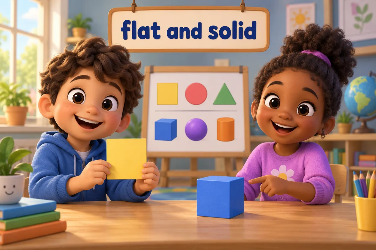 Cartoon children compare 2d and 3d shapes, holding a flat square beside a solid cube on a table.