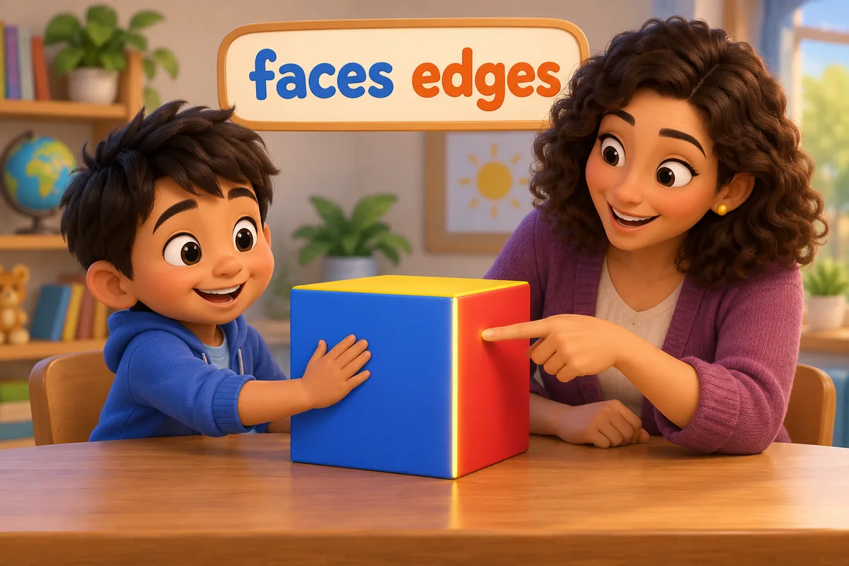 A cartoon child counts the faces of a cube with a finger while a teacher points to an edge.