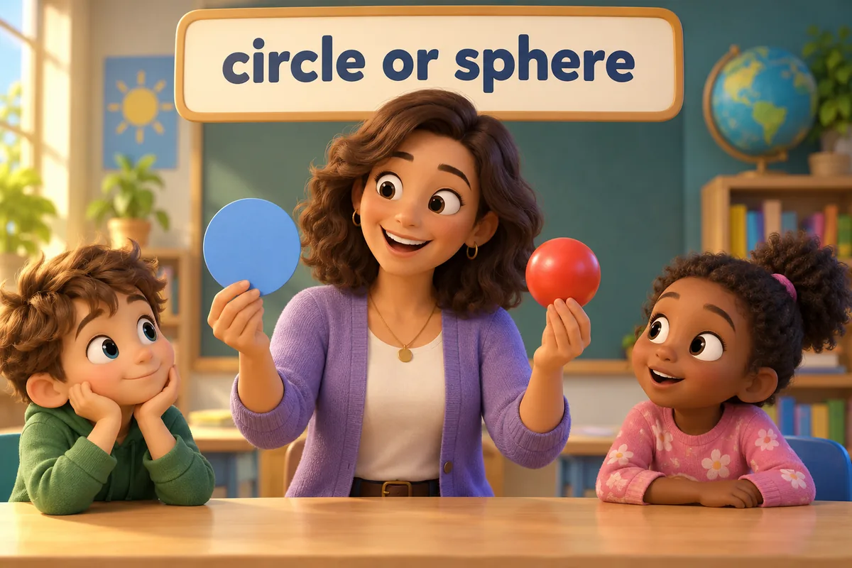 A cartoon teacher holds a flat paper circle beside a round ball to show the 2D and 3D pair.