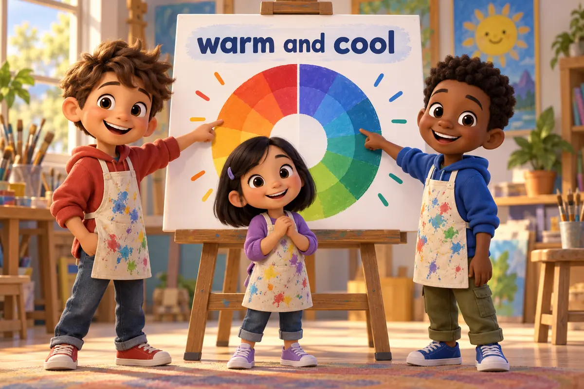 Cartoon children study a 30 color chart with names, pointing to warm shades on one side and cool shades on the other.