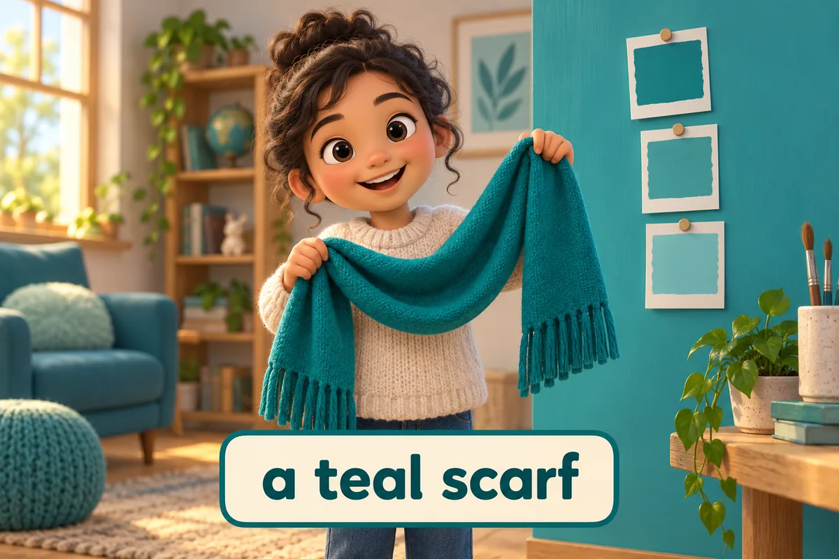 A cartoon child holds a teal scarf beside a wall panel to show the shade used as an adjective.