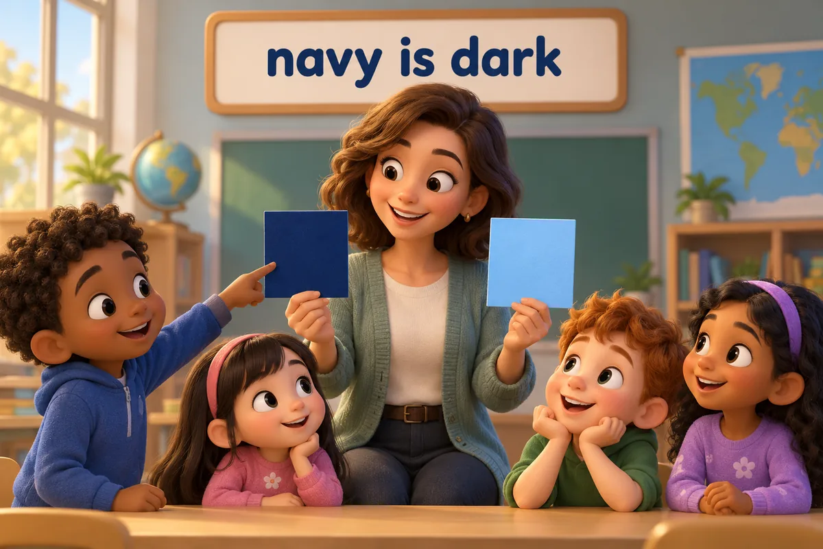 A cartoon teacher points to two blue swatches and labels the darker one as navy.