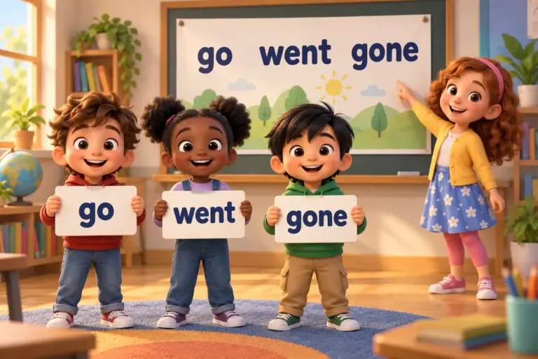 Cartoon pupils hold word cards reading go, went and gone, a picture of 50 irregular verbs present past and past participle forms.