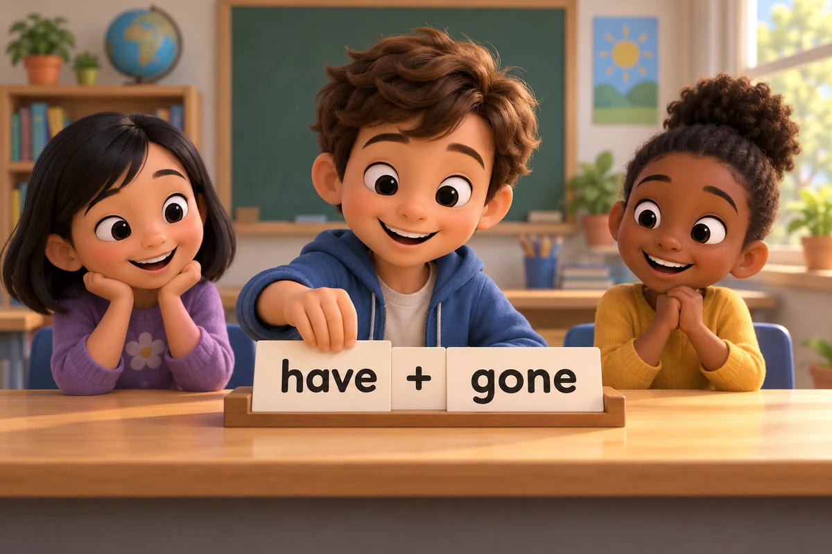 A cartoon child slots a have card before a gone card to build a complete sentence on a desk.