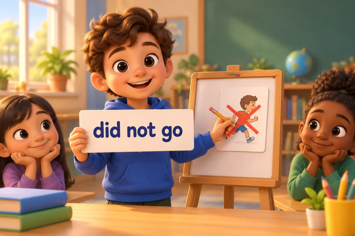 A cartoon child crosses out a past verb card and writes the base form after the words did not.