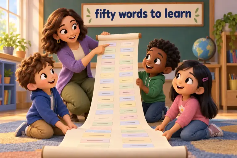 Cartoon children hold a long scroll of 50 new words with meaning, showing a clear learning list of vocabulary.