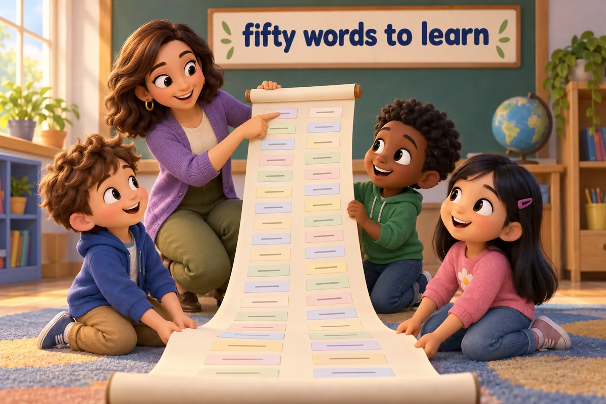 Cartoon children hold a long scroll of 50 new words with meaning, showing a clear learning list of vocabulary.