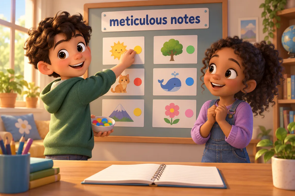 Two cartoon children read a wall chart of words and add bright stickers beside a meticulous note card.