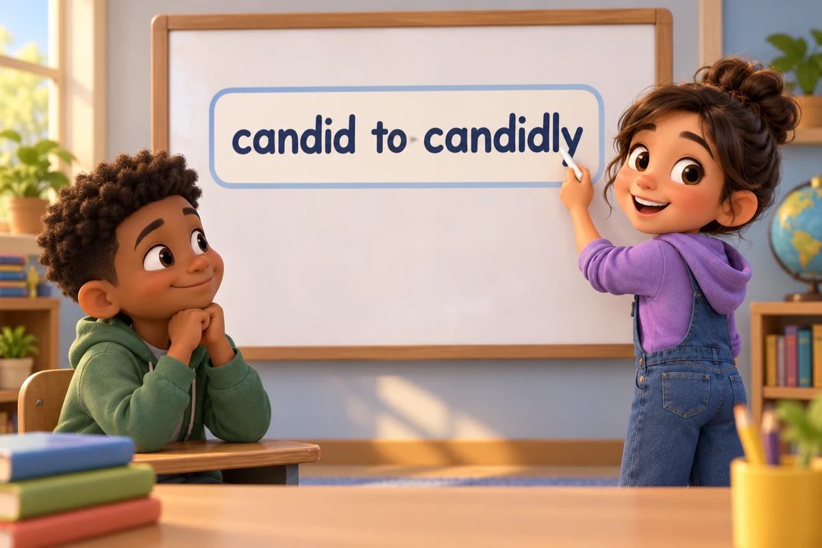 A cartoon child corrects a wrong word on a whiteboard, adding an adverb ending to a describing word.