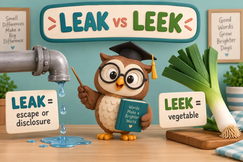 Leak names an escape or disclosure; leek is a vegetable.