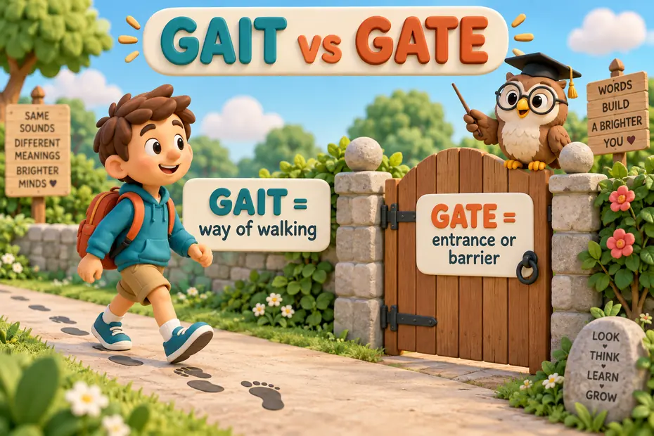 Gait is a movement pattern; gate is an entrance or barrier.