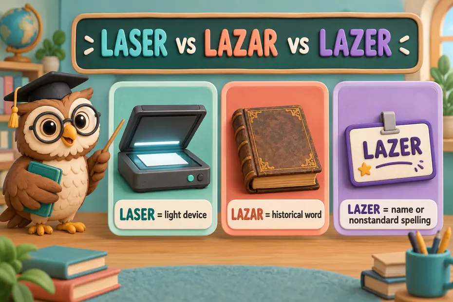 Laser is the device word; lazar is historical vocabulary; Lazer may occur in names.