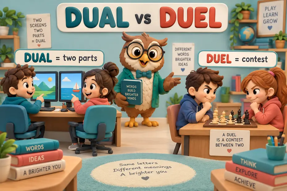 Dual means twofold; duel names a contest.