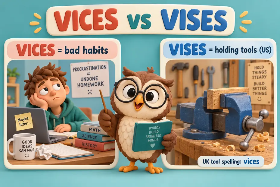 Vices can name bad habits; vises are holding tools in American spelling.